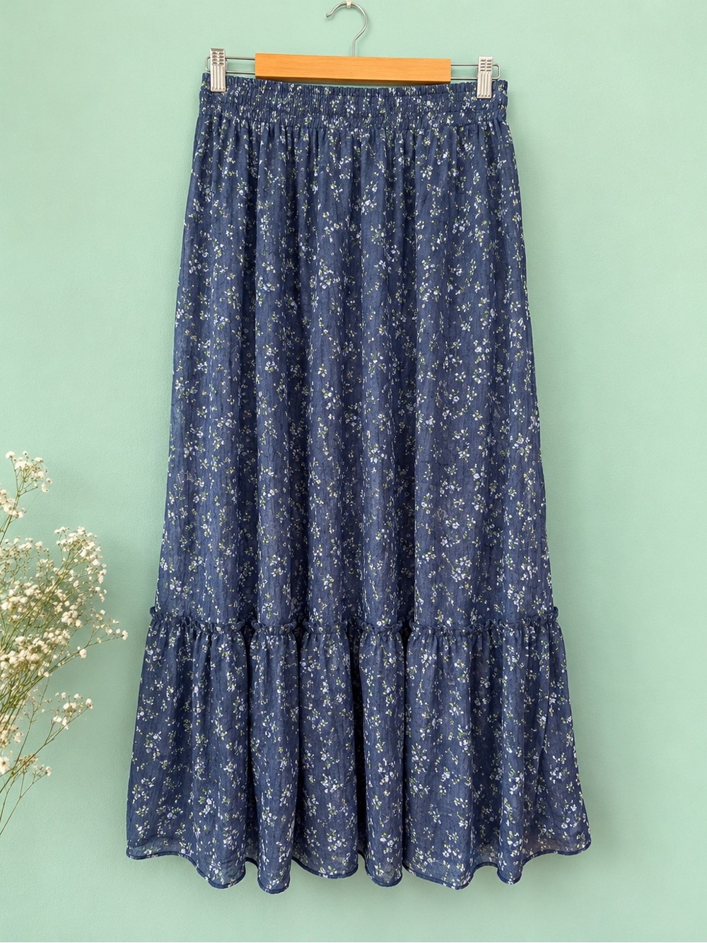 NWOT Olive & Oak Blue Floral Tiered Maxi Skirt Medium Boho Cottagecore